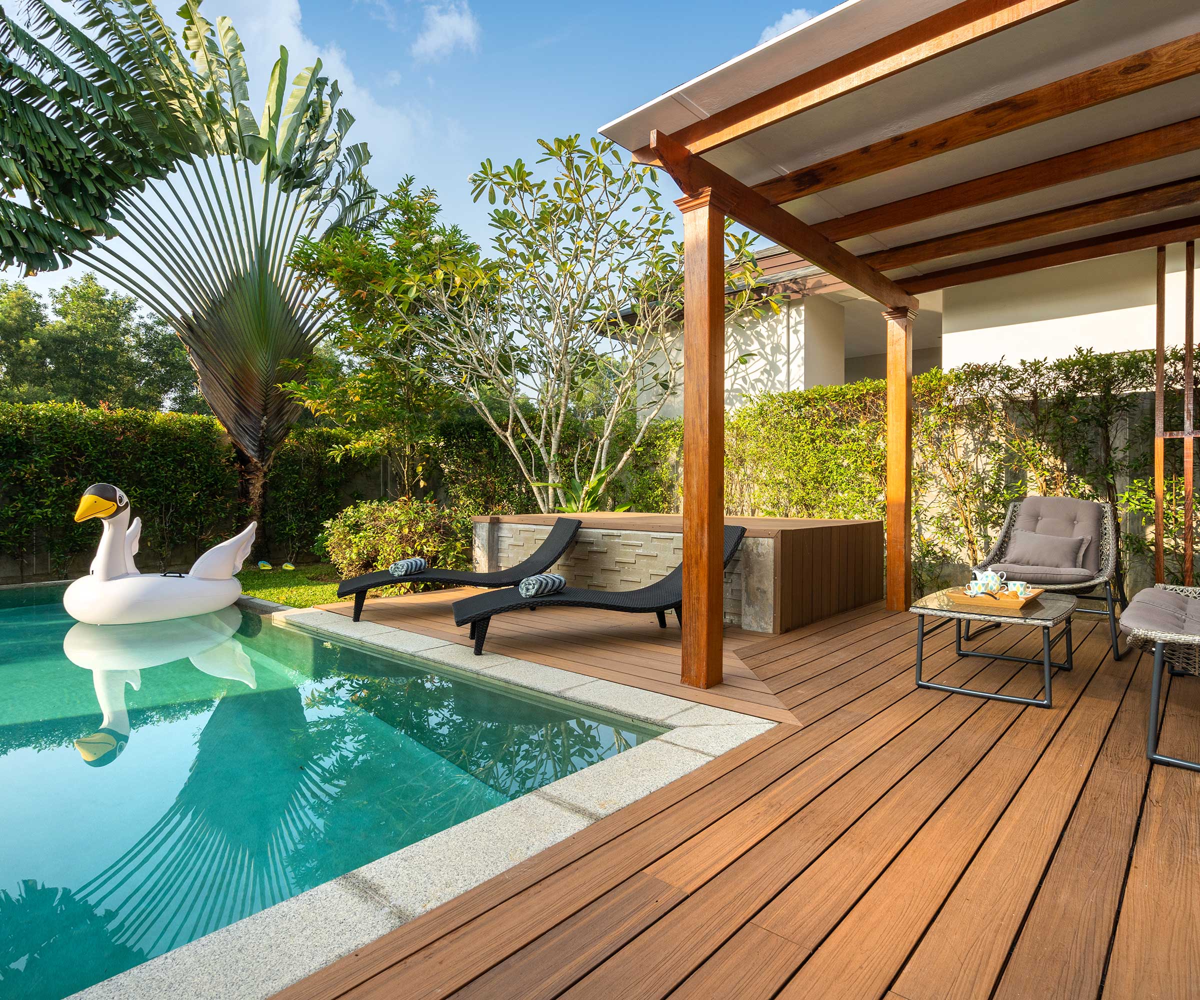 Swimming pool in tropical garden pool villa feature floating balloon